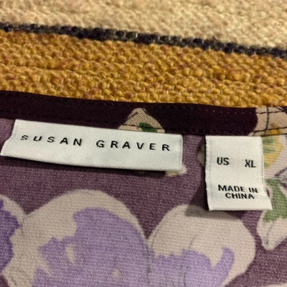 Susan Graver Womens XL Purple‎ Floral Print Ruffled Sleeve Top Cottage Spring